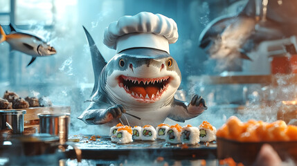 Wall Mural - Humorous shark in chef's hat attempting to prepare sushi.