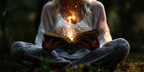 Woman is reading a magic book with lights in a forest