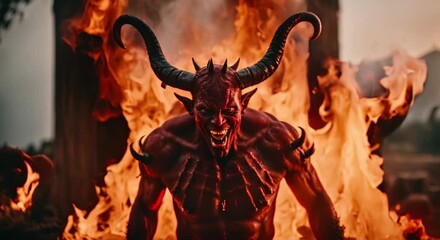 Wall Mural - devil with red skin and horns surrounded by flames