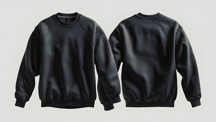 A black sweatshirt displayed from the front and back, showcasing a smooth texture and casual style. Ideal for fashion or apparel presentations.