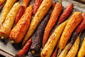 Baked rainbow carrots on a parchment lined baking sheet.