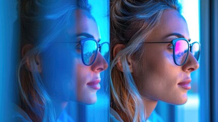 A woman with blonde hair and glasses looks out of a window, with a reflection of herself in the glass.  The light from outside casts a blue hue on her face.