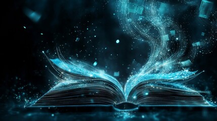 Aufkleber - Digital Knowledge. Futuristic Book with Glowing Wireframes and Data Streams