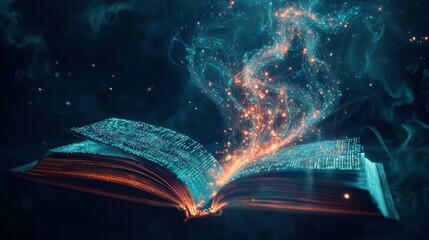 Aufkleber - Digital Knowledge. Futuristic Book with Glowing Wireframes and Data Streams