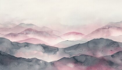 Misty mountain landscape at dawn with soft pink and gray hues reflecting the early morning light