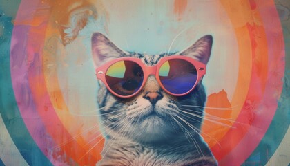 A stylish cat wearing vibrant sunglasses against a colorful background