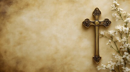 Ornate Gold Cross on Aged Paper with White Flowers