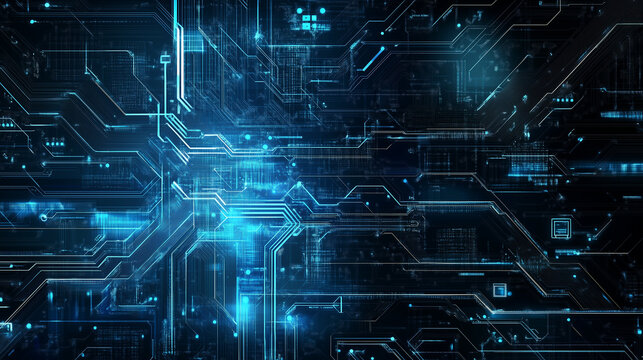 Futuristic computer technology background. The dark background is decorated with digital circuits and lines that create an abstract and modern theme.
