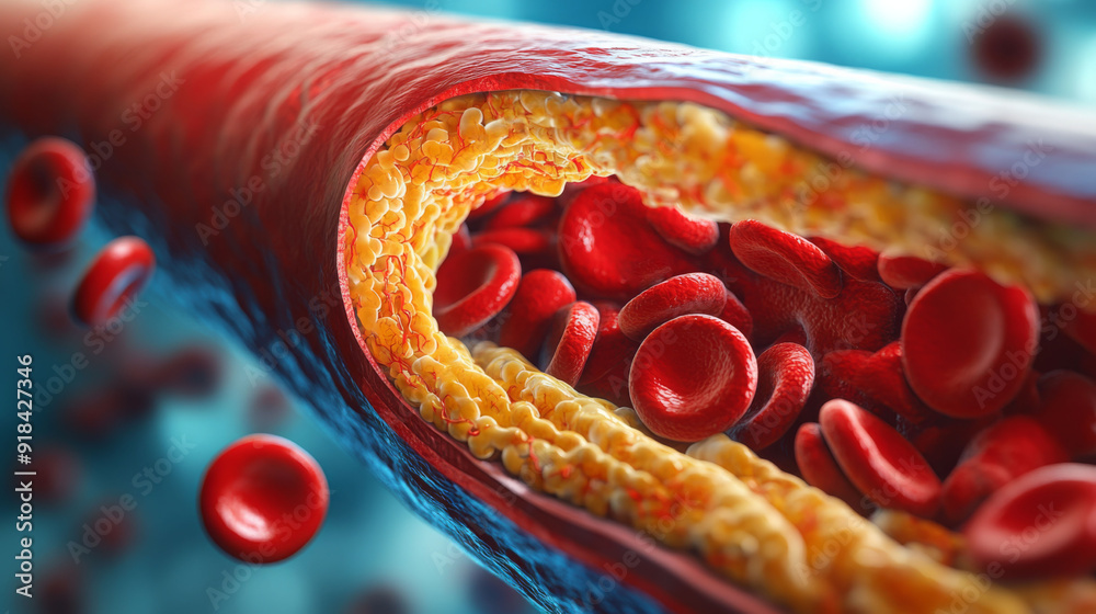 Detailed 3D illustration showing cholesterol plaque buildup inside an ...