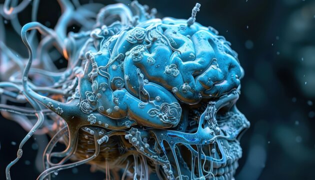 Abstract 3D rendering of a blue brain intertwined with organic structures against a dark background