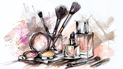 Wall Mural - A hand-drawn illustration of makeup brushes 