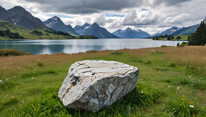 Poster - Un rocher au bord d'un lac de montagne paisible