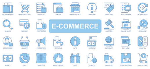 Leinwandbilder - E-commerce icons set in duotone outline stroke design for web. Pack pictograms of shopping bag, cart, wish list, marketplace, support, price tag, search, auction, shop, other. Vector illustration.