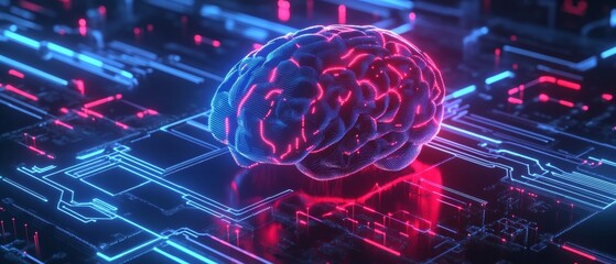 Poster - Neural Fusion. Futuristic Brain Connected to Circuit Board