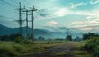 © Kateryna Hurzenkova - Dawn breaks over a quiet dirt road lined with power lines and mountains in the distance on a misty morning