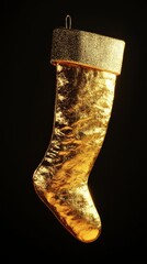 3D rendering of a minimalistic golden Christmas stocking 80s style made of gold on a black background y2k high detail high quality high texture detail