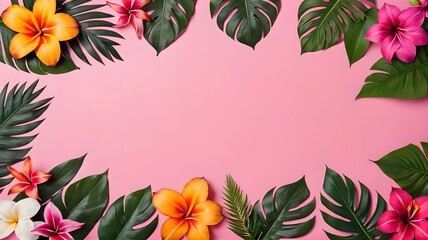 Flat lay of tropical flowers and leaves arranged on a pink background, creating a vibrant and exotic composition. The colorful scene highlights the beauty and diversity of nature. Empty space place fo