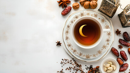 Ramadan Kareem greeting card design. Dried dates in Islamic star and crescent moon plate, nuts, oriental lantern, cup of tea on white table. Flat lay, top view