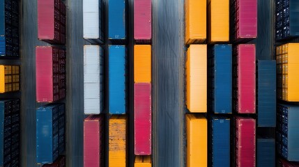 An overhead view of brightly colored shipping containers, including red, yellow, and blue units, aligned neatly at a cargo depot, representing global shipping and logistics.