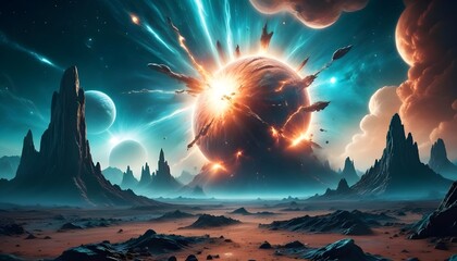 outer space with alien planets and explosion