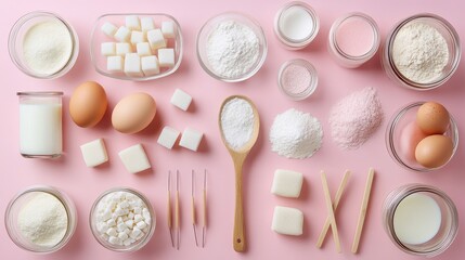 Flat lay of essential baking ingredients, including eggs, flour, sugar cubes, and milk, neatly organized on a pastel pink background.