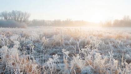 Frost-covered grassland at sunrise in a tranquil winter landscape