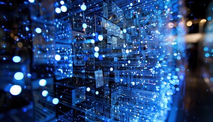 Abstract representation of a digital data network with glowing blue elements at night