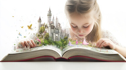 A young girl reading a princess storybook, with princesses, castles, and enchanted creatures emerging from the pages, on a white background