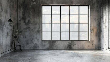 Empty loft space with large industrial window overlooking city skyline in late afternoon light