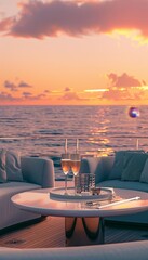 Luxurious sunset setting on private yacht deck with champagne, serene ocean background