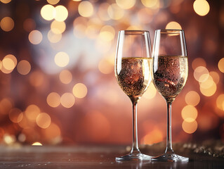 Close-up of champagne glasses on bokeh light background