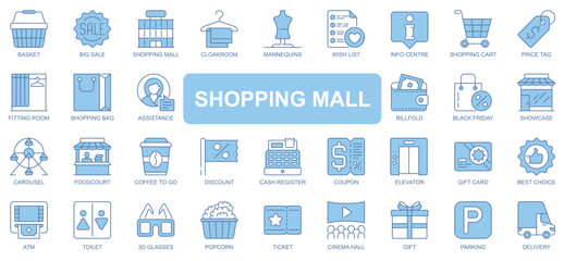 Poster - Shopping mall icons set in duotone outline stroke design for web. Pack pictograms of basket, big sale, cloakroom, mannequin, wish list, price, fitting room, black friday, other. Vector illustration.