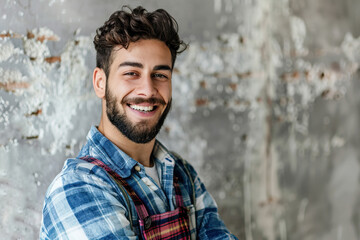 Smiling Caucasian male with a beard wearing a plaid shirt in a textured workshop, embodying craftsmanship and joy.