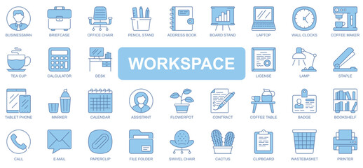 Poster - Workspace icons set in duotone outline stroke design for web. Pack pictograms of businessman, briefcase, office chair, pencil, book, board stand, laptop, coffee maker, other. Vector illustration.