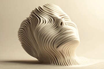 Abstract 3D sculpture of a human head with flowing lines and a soft white color.