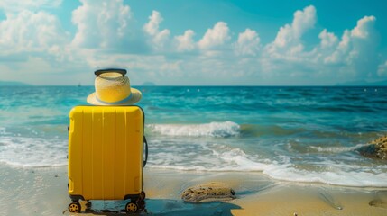 Wall Mural - Yellow suitcase on the beach with straw hat There is a beautiful blue sea background. It is a trip to the sea on holiday.