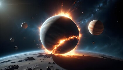 outer space with alien planets and explosion