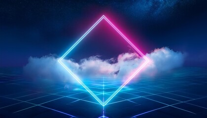 Wall Mural - Abstract Futuristic Background with Neon Geometric Shapes and Stormy Clouds on Night Sky