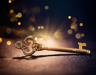 Golden key with glowing lights and dark background, wisdom, wealth concept