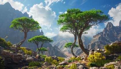 Lush green trees stand on rocky terrain in a mountain landscape under a bright blue sky on a sunny day