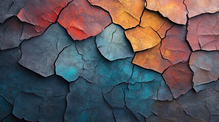 A close-up view of cracked paint in vibrant hues of blue, orange, and red, showcasing a beautiful texture and depth.