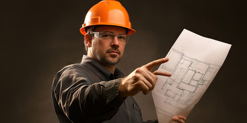 Wall Mural - Male Construction Worker in Hard Hat, Pointing to Blueprints on Site.