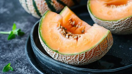 Poster -   A cantaloupe cut in half on a plate with other cantaloupes cut in halves on the plate