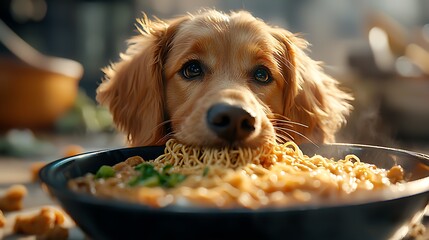 A comic image of a dog is eating noodles in a bowl. Dog is brown and happy.