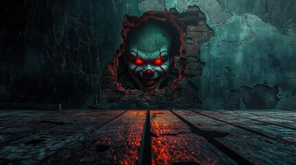 scary evil clown with glowing eyes and wood table looking from hole in wall. dark spooky grungy hall