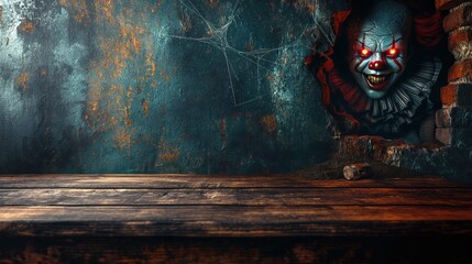 Scary evil clown with glowing eyes and wood table looking from hole in wall. Dark spooky grungy Halloween image or gothic empty room background. Extra space for text or product mockup.