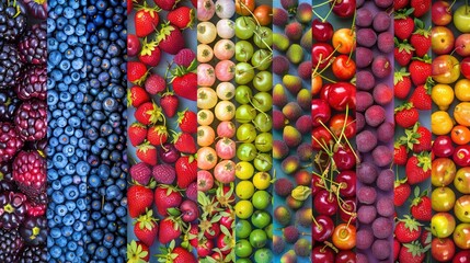 Poster -   A rainbow-hued array of fruits and veggies is shown, featuring strawberries, cherries, blueberries, and more