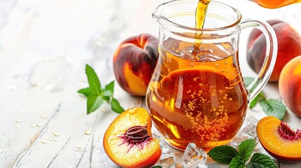 Wall Mural -   Tea in glass pitcher with peaches and mint