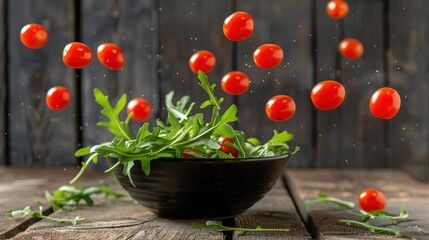 Poster -   A bowl of red tomatoes gracefully falls onto a bed of green spinach leaves on a wooden table, nestled against a warm wooden wall