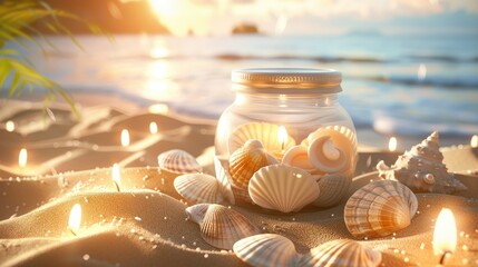 A beach scene at sunset